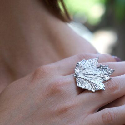 Grande anello foglia di rosa borbonica, anello regolabile in argento sterling.