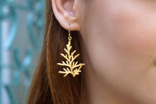 Solid Gold Cypress leaf Earrings for Women, Natural GOLD jew