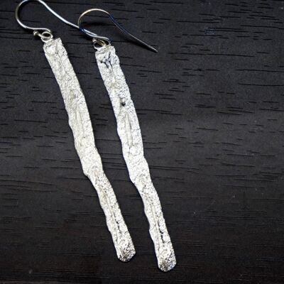Sterling silver statement Tree bark Long Dangle Earrings.