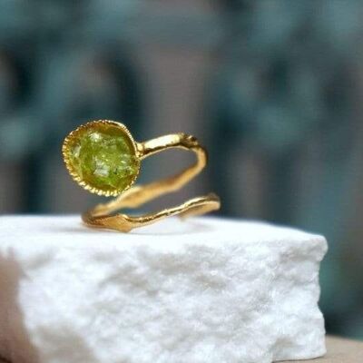 Bague en Argent Massif, Verre de Murano Vert, Coquillage en Or