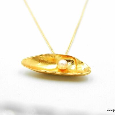 Collar con colgante de Μussel real con perlas, chapado en oro de 14 k en s