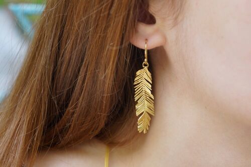 Solid Gold Long Leaf Earrings for Women, Mother Nature Gold