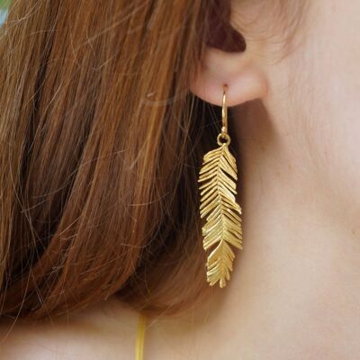 Boucles d'oreilles à longues feuilles en or massif pour femmes, or mère nature
