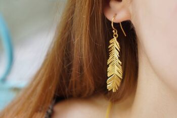 Boucles d'oreilles à longues feuilles en or massif pour femmes, or mère nature 3