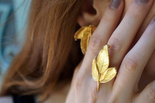 Nature ring 3 Real Big Rose Leaves, Gold Ring on sterling si