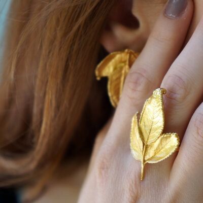 Nature ring 3 Real Big Rose Leaves, Gold Ring on sterling si