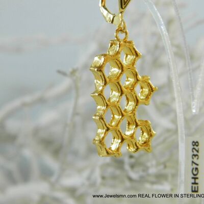 Earrings Gold honeycomb earrings, Sterling silver statement