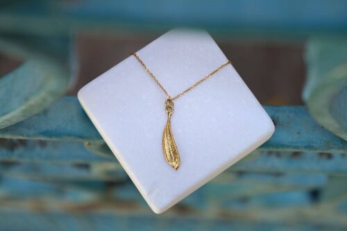 Tiny Gold Olive leaf pendant with chain Necklace, Solid Gold