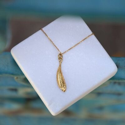 Tiny Gold Olive leaf pendant with chain Necklace, Solid Gold