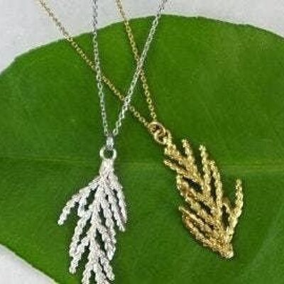 Juniper.Solid GOLD leaf necklace jewelry. Cypress Leaf White