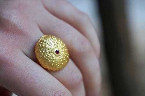 Gold Sea Urchin Ring with European Zircon 14k Gold plated