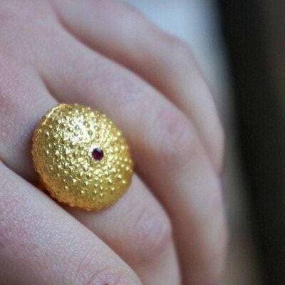 Gold Sea Urchin Ring with European Zircon 14k Gold plated