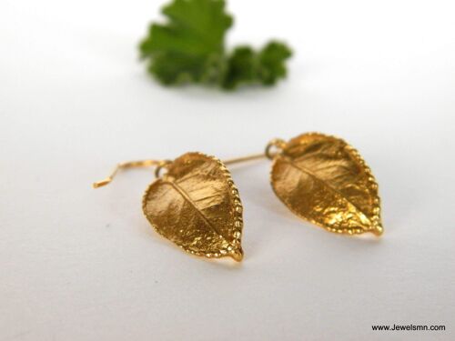 Solid Gold Dangle & Drop Leaf Earrings for Women, Real Rose
