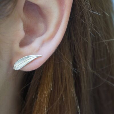 Small stud leaf earrings in sterling silver, Real Olive leaf
