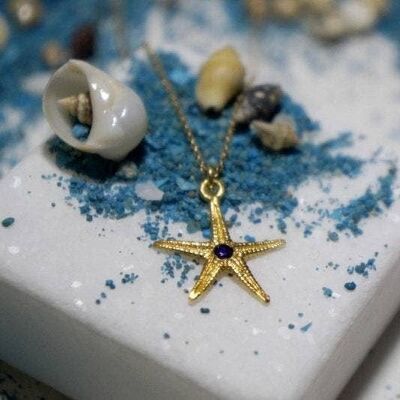 Gold Starfish Pendant With Zircon, Starfish Necklace, 14k