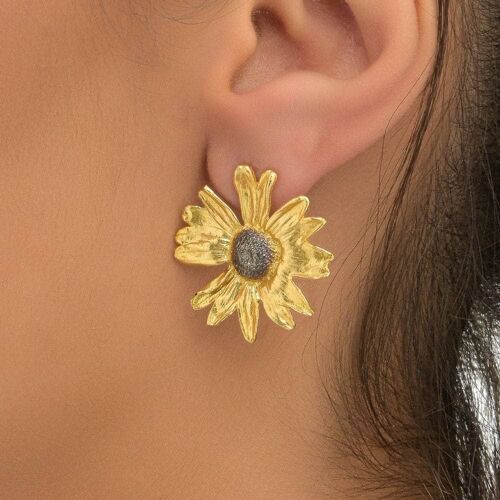 Sunflowers stud Earrings for Women,14k gold and rhodium plat