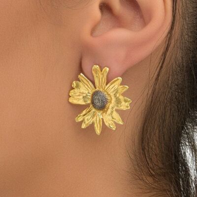 Sunflowers stud Earrings for Women,14k gold and rhodium plat