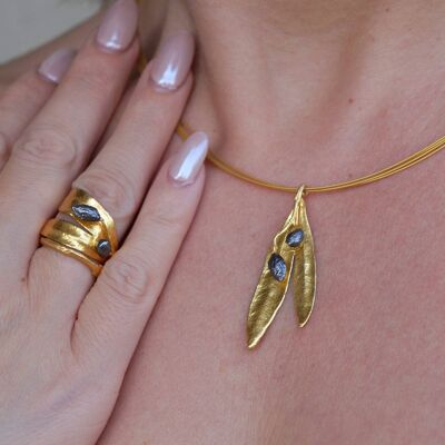 Olive Leaves Halskette 14k Gold und schwarzes Rhodium auf Sterling
