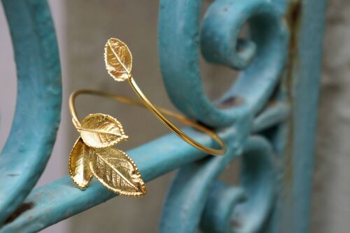 Open Cuff Bracelet Real Rose Leaf Adjustable Bracelet, 14k G