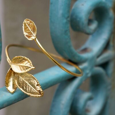 Open Cuff Bracelet Real Rose Leaf Adjustable Bracelet, 14k G