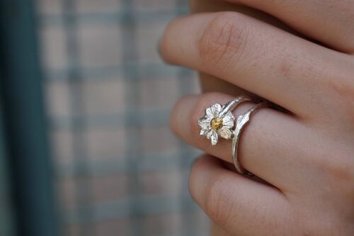 Real Chamomile plant Ring twig in Sterling Silver 925 with g