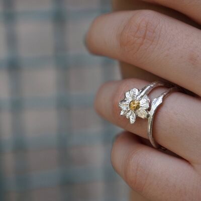 Real Chamomile plant Ring twig in Sterling Silver 925 with g