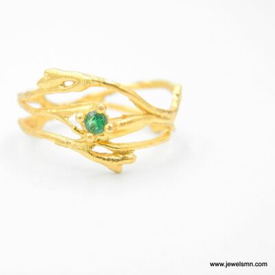 Jasmine plant Wide band branch Ring. Gold plated silver 925