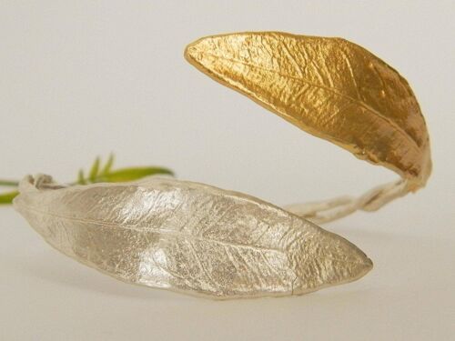 Olive Leaf cuff bracelet in sterling silver and Gold. Handma