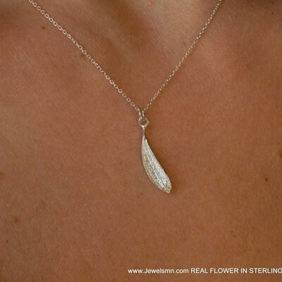 Minimal Sterling Silver small Olive leaf Necklace. Real Oliv