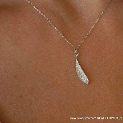 Minimal Sterling Silver small Olive leaf Necklace. Real Oliv