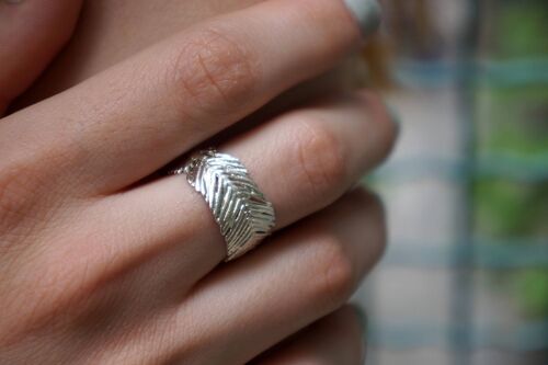 Wide Band Ring on Sterling Silver Mimosa Pudica pressed