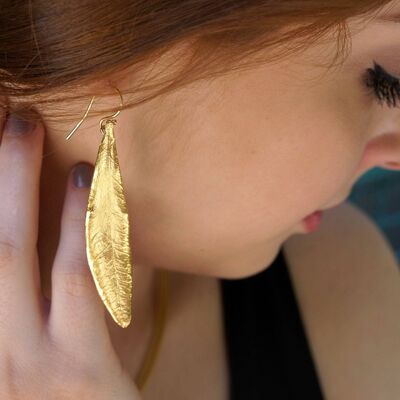 Dangle Statement Long Olive Leaf Earrings Gold on Sterling