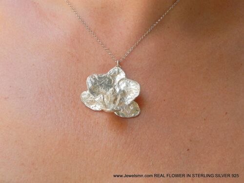 Orchid plant chain Necklace pendant in recycled sterling sil