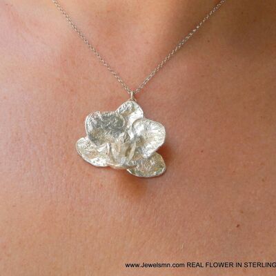 Orchid plant chain Necklace pendant in recycled sterling sil