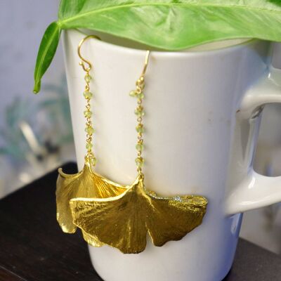 Long Ginko leaf earrings for Women Gold on sterling silver,R