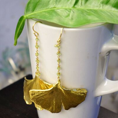 Long Ginko leaf earrings for Women Gold on sterling silver,R