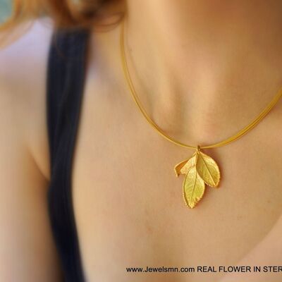 Gold Necklace 3 Real Rose leaves. 14k Gold on sterling silve