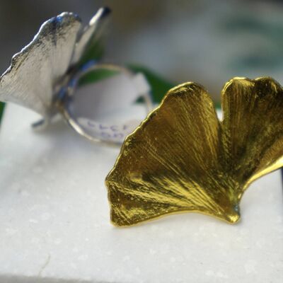 Anello in argento sterling con foglia di albero di vero Ginkgo Biloba placcato in oro