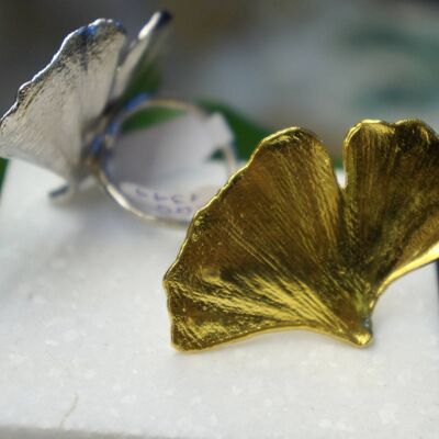 Anillo De Plata De Ley Con Hoja De Árbol De Ginkgo Biloba Real Chapado En Oro