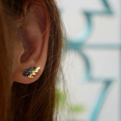 Small stud earrings 2 tone sterling silver 925 Fern Leaves