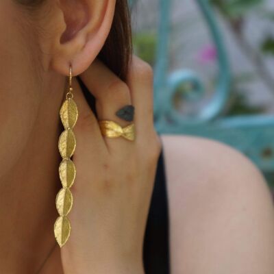 Long REAL Rose Leaf Earrings for women. 14k Gold on sterling