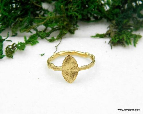 Real Gold rose leaf ring on twig. White Gold or Yellow Minim