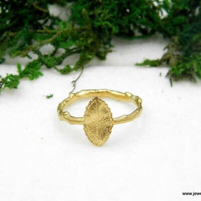 Real Gold rose leaf ring on twig. White Gold or Yellow Minim