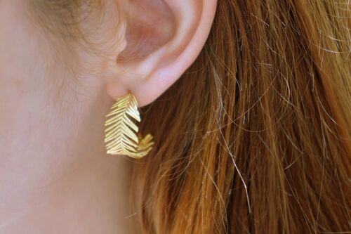 Mimosa pudica leaf Hoop earrings 14k Gold on sterling recycl