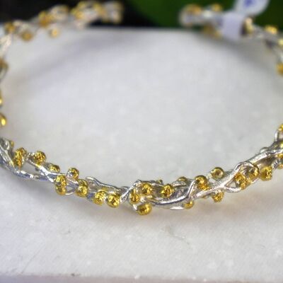 Branche d'acacia véritable avec bourgeons Bracelet en fonte d'or en sterli