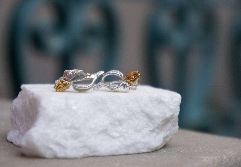 Sterling silver branch with Gold olive blossom Earrings for