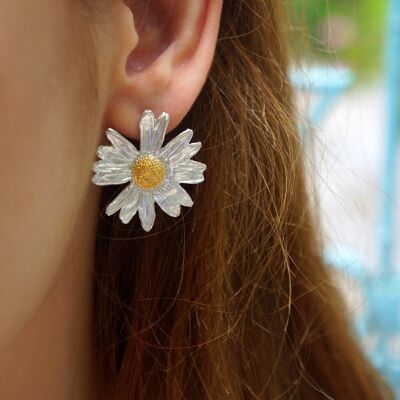 Boucles d'oreilles marguerite en argent, bijoux botaniques pour femmes, gros goujon