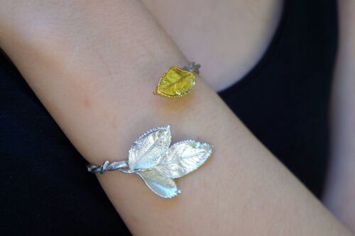 Rose Leaf bracelet in sterling recycled silver 925,Wide cuff