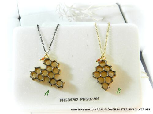 Pressed flower necklace Real honeycomb necklace gold and bla