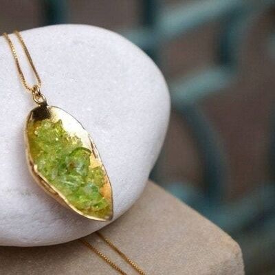 Green Murano raw stone Sea Shell Necklace, 14k Gold on Sterl